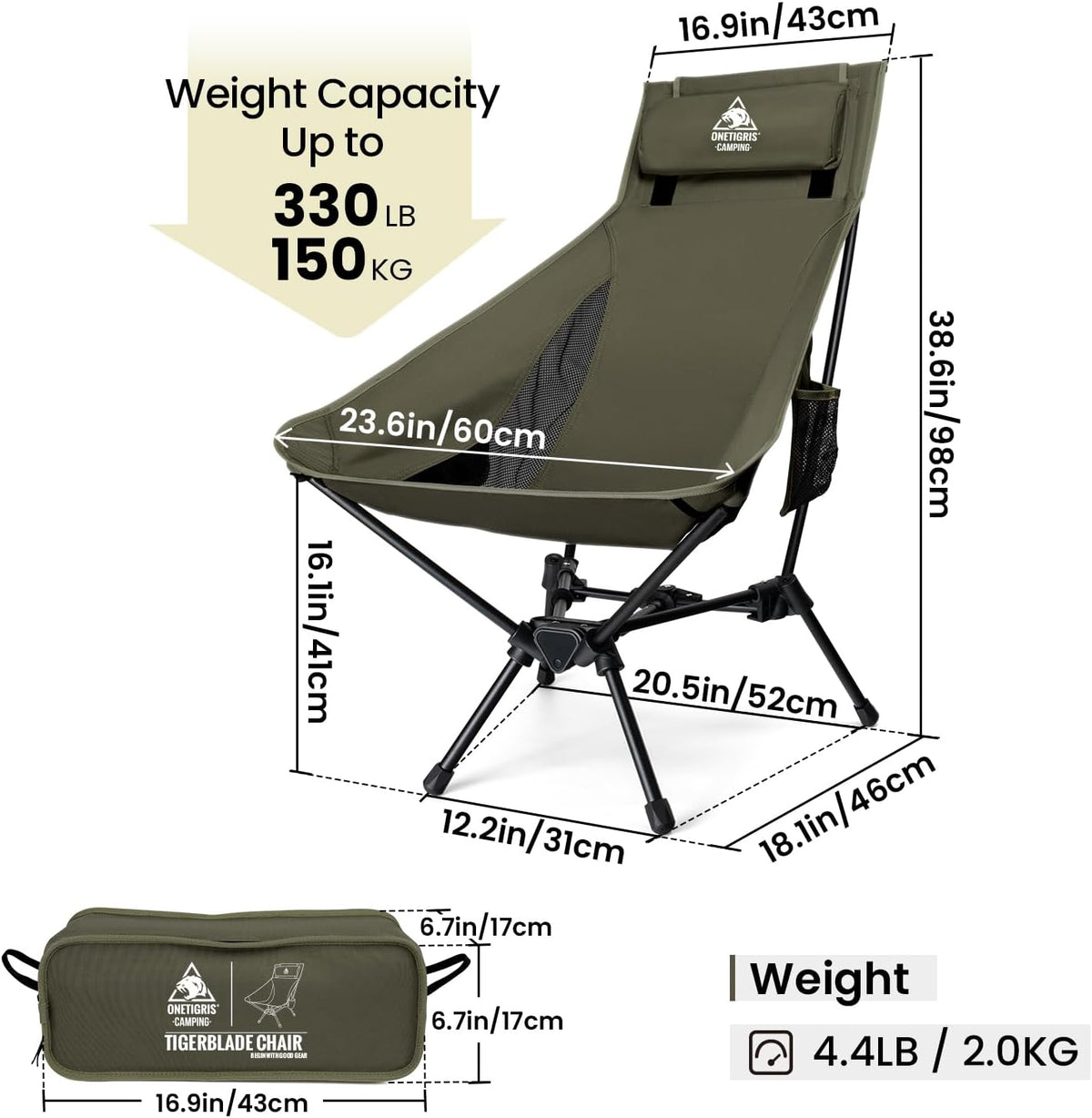 ONETIGRIS Tigerblade High Back Camping Chair with Pillow Design, Comfortable Widened Seat Folding Chair