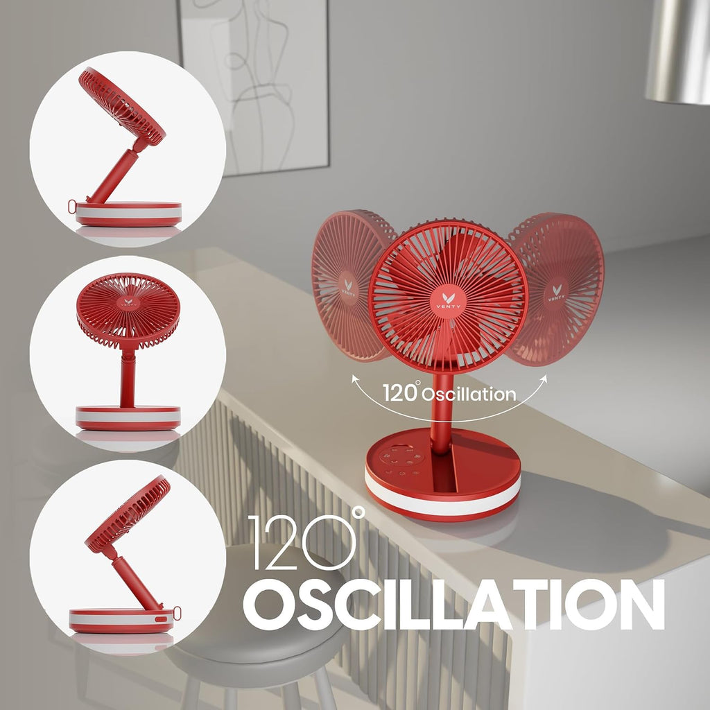 VENTY Portable Fan - Wireless Battery Operated Fan - 4 Speeds - LED Lighting - Carry Case & Remote Control - Cruise Travel - Outdoor Travel RV Power Bank With USB-C Port (Red with Case)