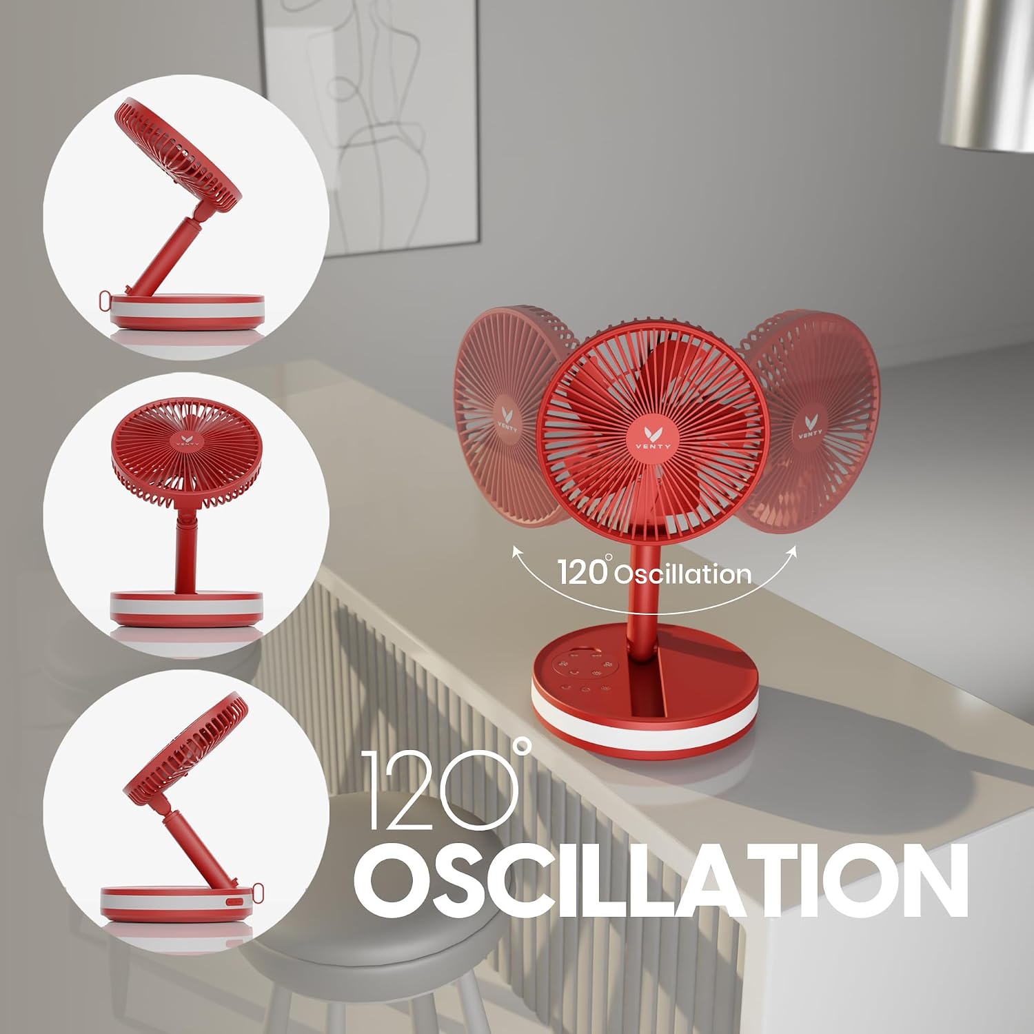 VENTY Portable Fan - Wireless Battery Operated Fan - 4 Speeds - LED Lighting - Carry Case & Remote Control - Cruise Travel - Outdoor Travel RV Power Bank With USB-C Port (Red with Case)