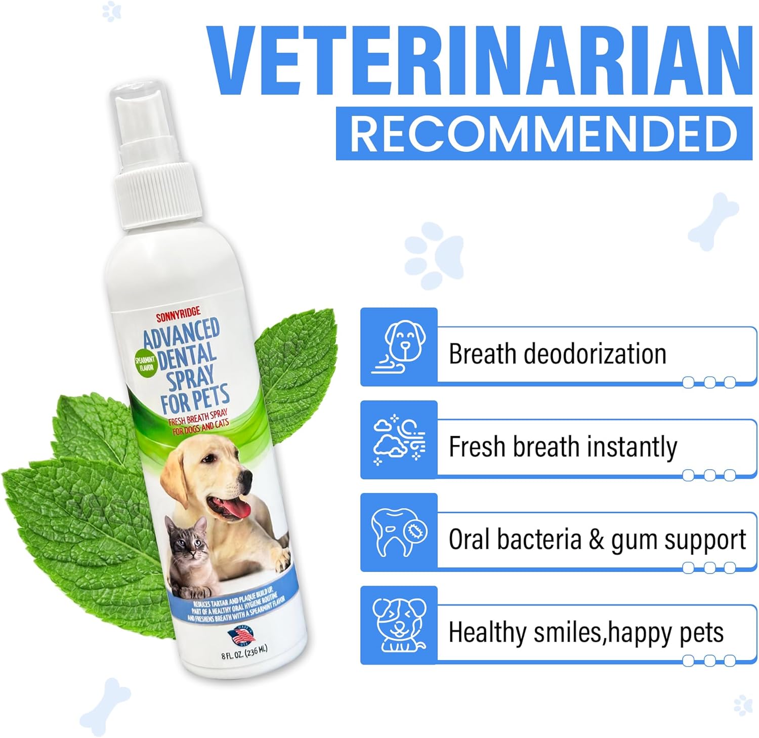 Dog Dental Spray Removes Tartar, Plaque and Freshens Breath Instantly. The Most Advanced Dental Spray for Healthy Teeth, Gums and Oral Health Care for Your Dog, Cat or Pet - 1-8 oz. Bottle