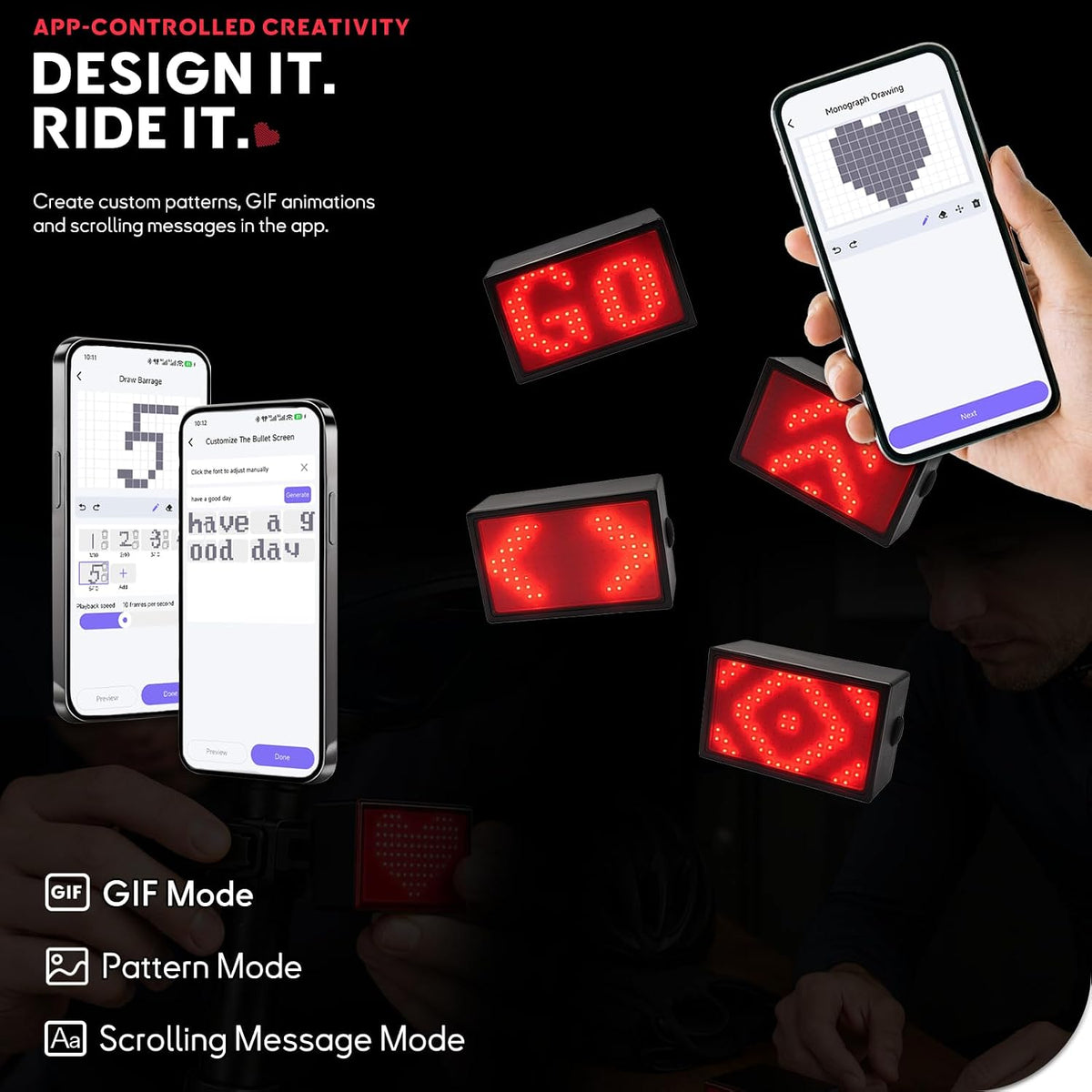 Smart Bike Tail Light, DIY Patterns & Text, USB-C Rechargeable, IPX5