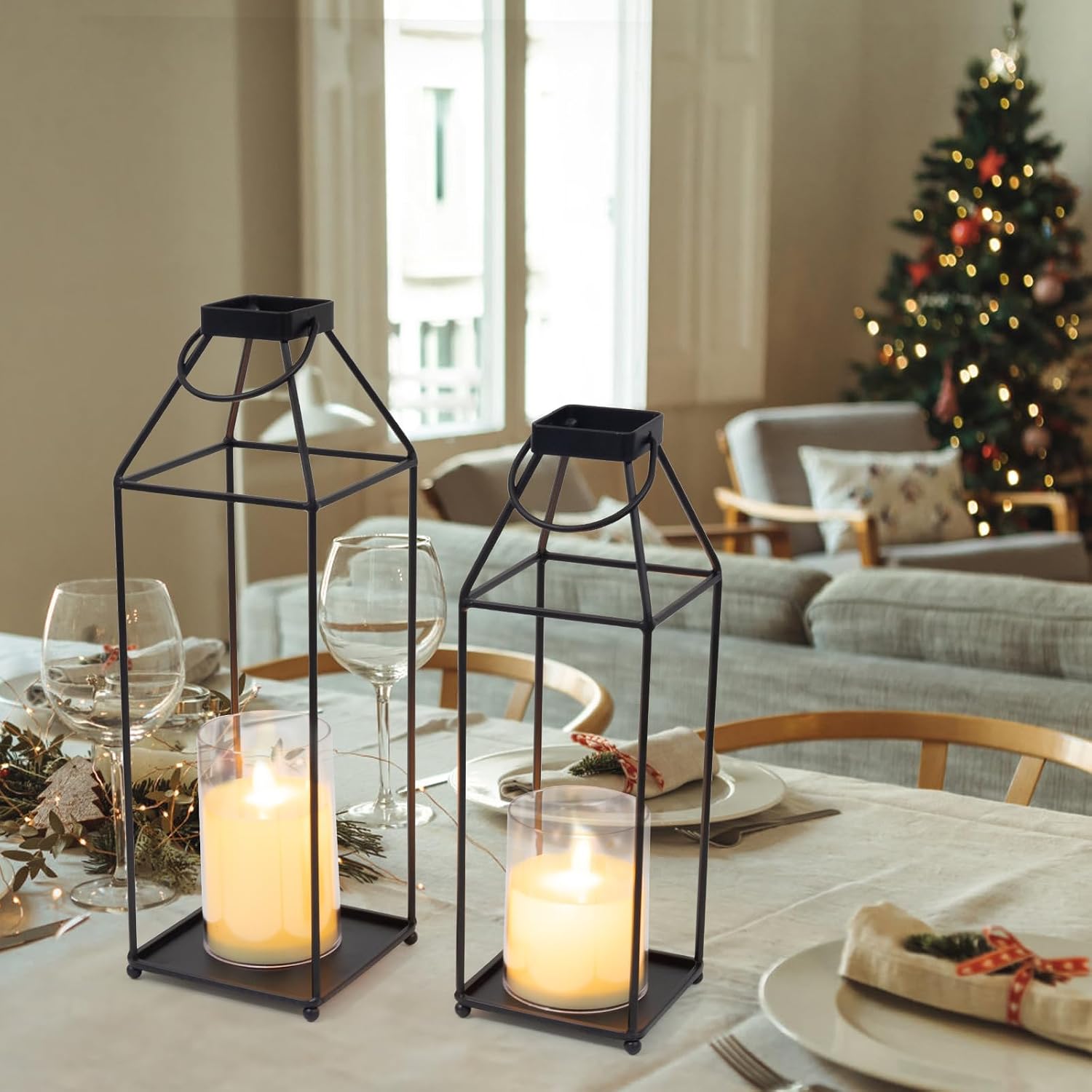 Lanterns Decorative Outdoor 2PCS Front Porch Decor Lantern with LED Candles