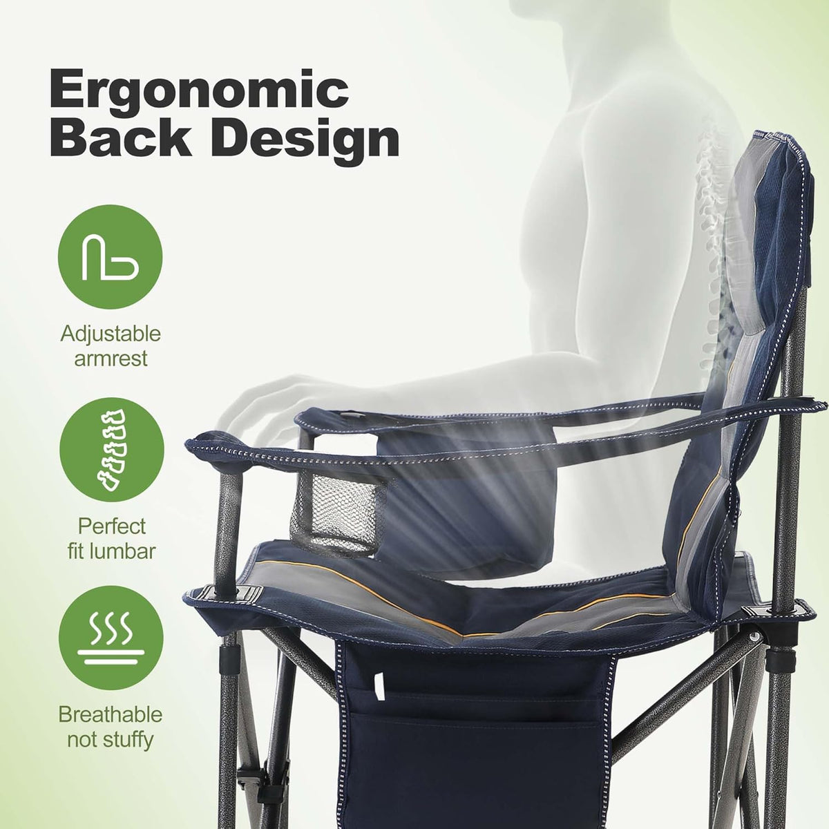 LET'S CAMP Folding Camping Chair Oversized Heavy Duty Padded Outdoor Chair with Cup Holder Storage and Cooler Bag, 450 LBS Weight Capacity, Thicken 600D Oxford