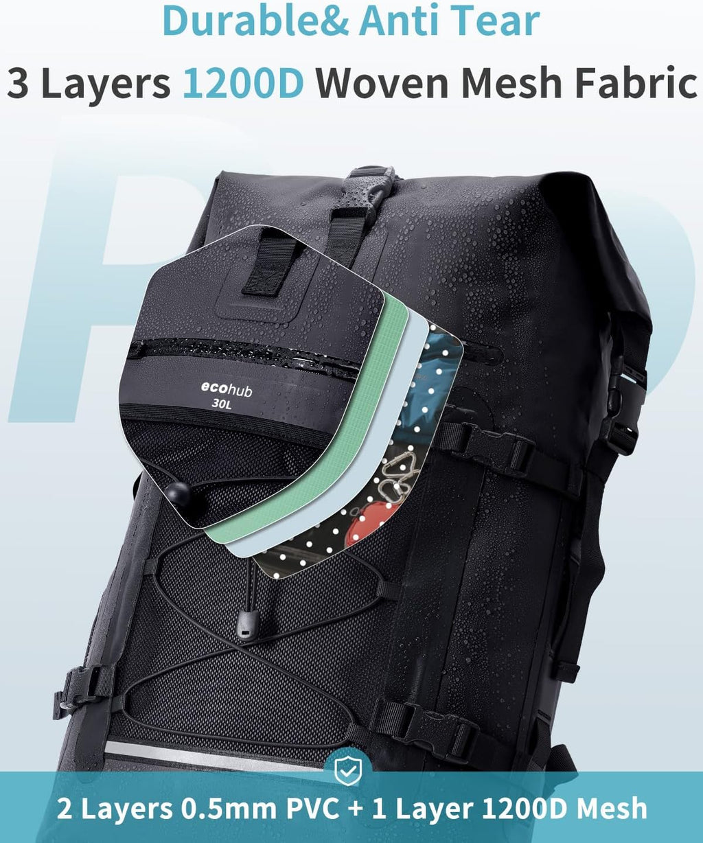 ECOHUB Waterproof Backpack, 30L Roll-Top Closure Heavy Duty Dry Bag
