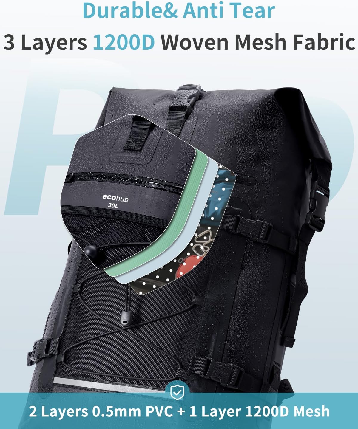 ECOHUB Waterproof Backpack, 30L Roll-Top Closure Heavy Duty Dry Bag
