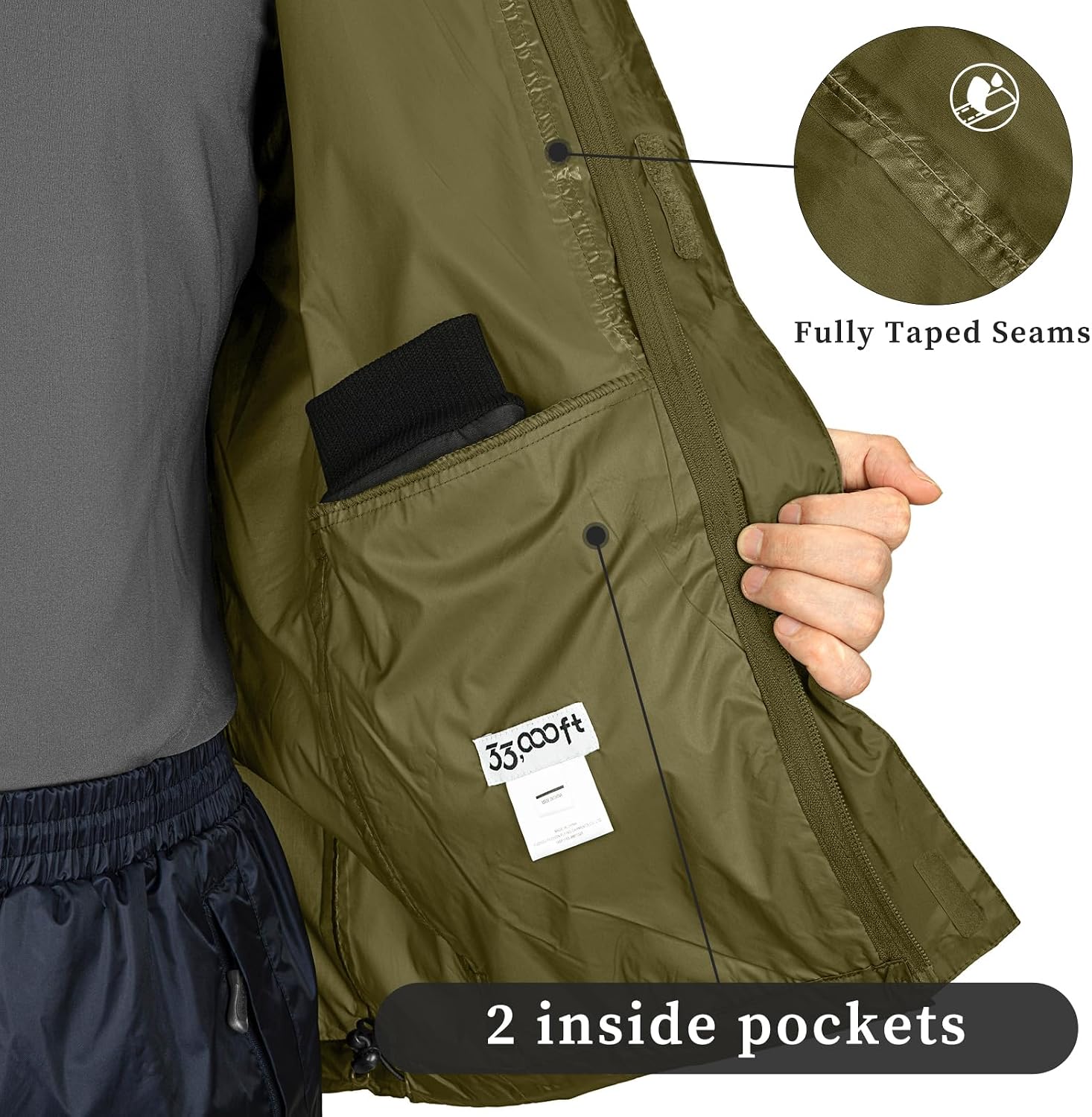 33,000ft Men's Packable Rain Jacket Lightweight Waterproof Golf Raincoat