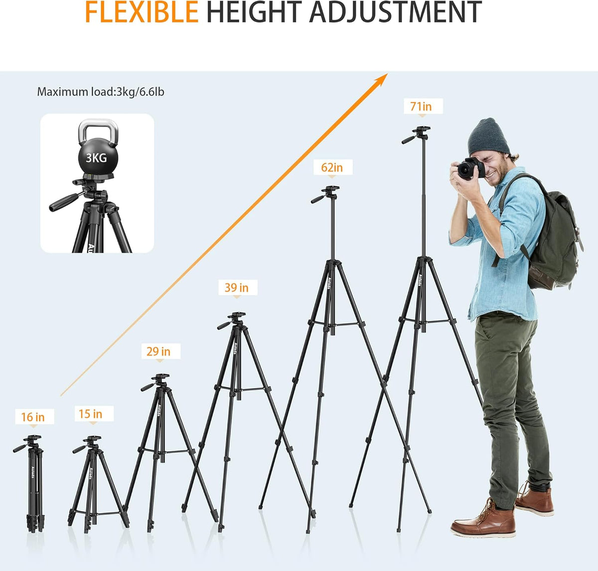 71″ Camera Tripod Aluminum Tall Tripod Stand for Canon Nikon Phone