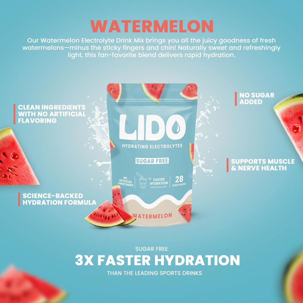 LIDO Watermelon Electrolyte Powder Packets — Zero Sugar Hydration Drink Mix Packets with Trace Minerals & Sea Salt — Keto, Paleo & Fasting Friendly — Watermelon Drink Mix for Recovery, 28 Sticks
