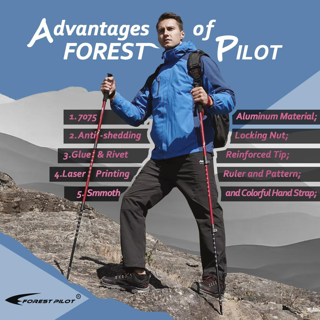 FOREST PILOT Trekking Poles - Lightweight 7075 Aluminum with Flip Lock & All Terrain Accessories - Pair of 2 Walking Sticks for Hiking with EVA or Beech Wood Grip