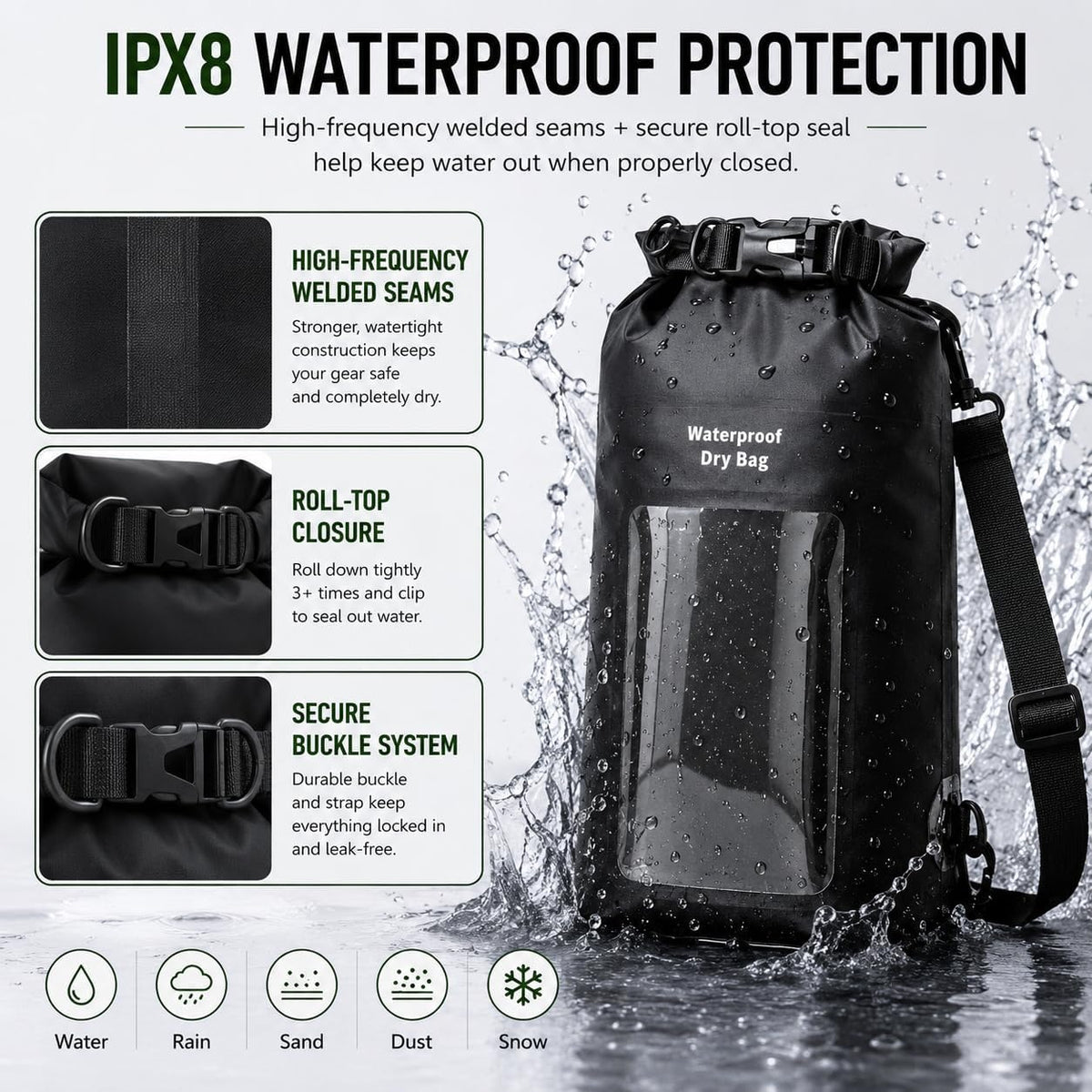 3L IPX8 Waterproof Dry Bag Backpack with Touchscreen Phone Pouch, Black