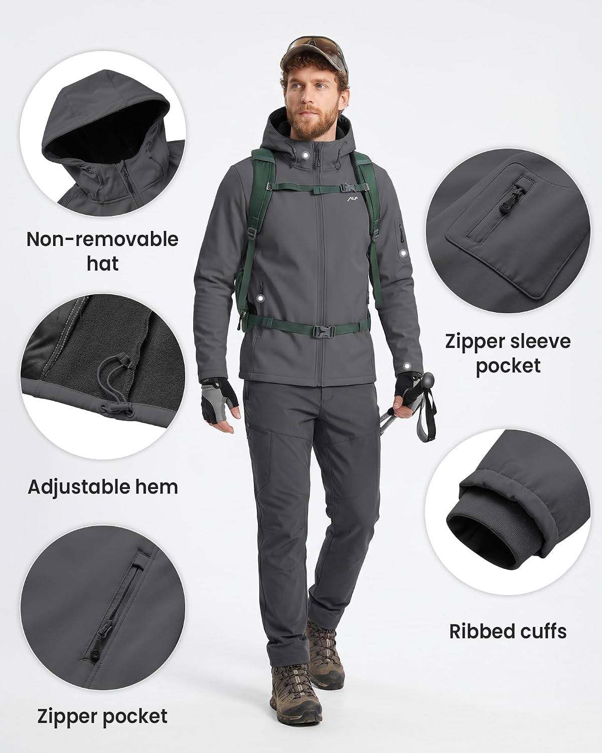 WULFUL Men's Lightweight Softshell Jacket Warm Fleece Lined Windbreaker Waterproof Soft Shell for Outdoor Hiking