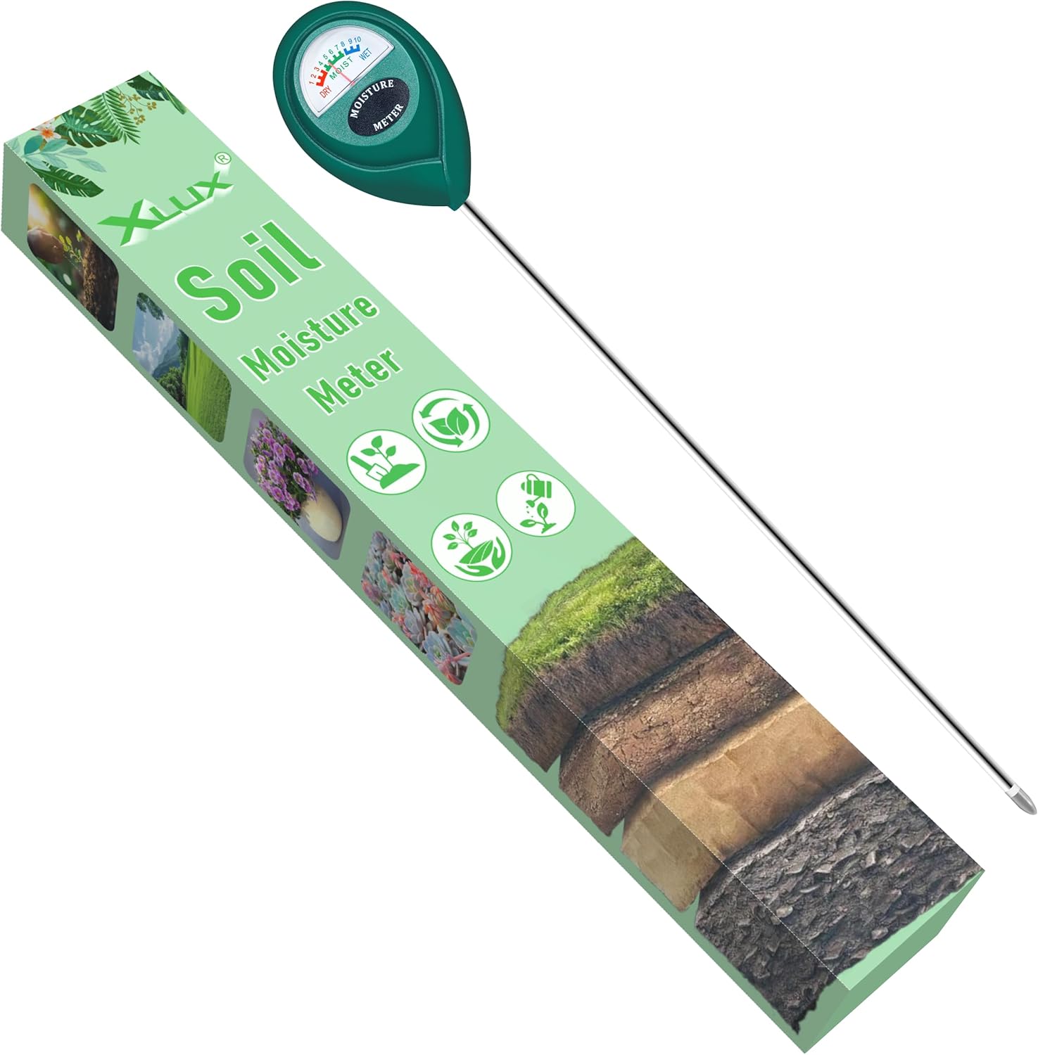 XLUX Long Probe Plant Soil Moisture Meter, Indoor Outdoor use, Battery-Free | longer stem for deeper use, instant read, anti-rust 304 SST probe, Easy-to-Read Display, Single-Probe, less hurts to roots