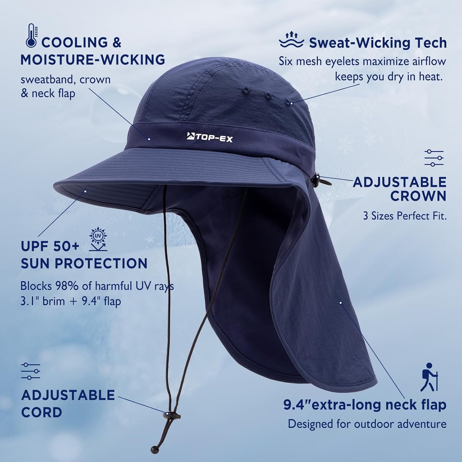 TOP-EX UPF 50+ Cooling Wide Brim Sun Hat for Men with Neck Flap, Packable