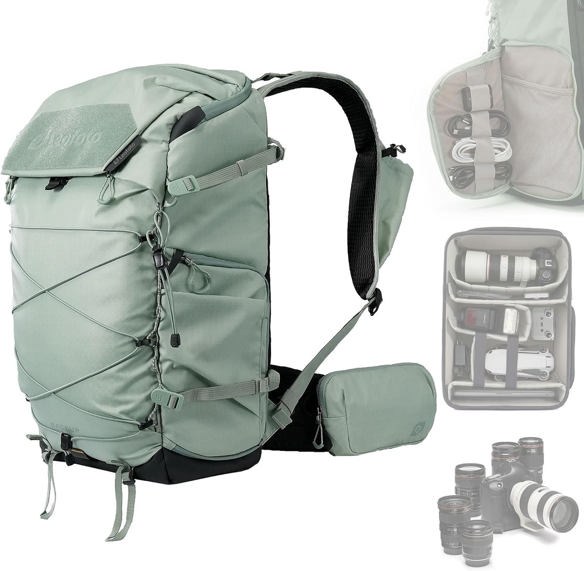 LEOFOTO 35L Camera Backpack for Photographer, Lightweight Waterproof Travel Camera Bag for Camera/Drone/15.6" Laptop, Photopraphy Bag with Side Access & Rain Cover, Tripod Compatible, 2.95KG (GREEN)