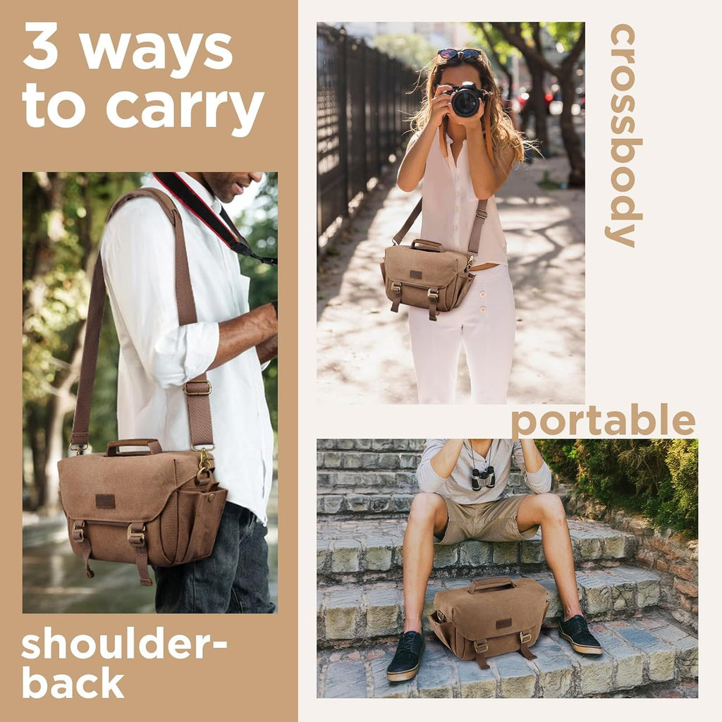 SMRITI Canvas DSLR Camera Bag, Camera Messenger Bag for Photographers,Travel Waterproof Shoulder Camera Case for Men Women (Brown)