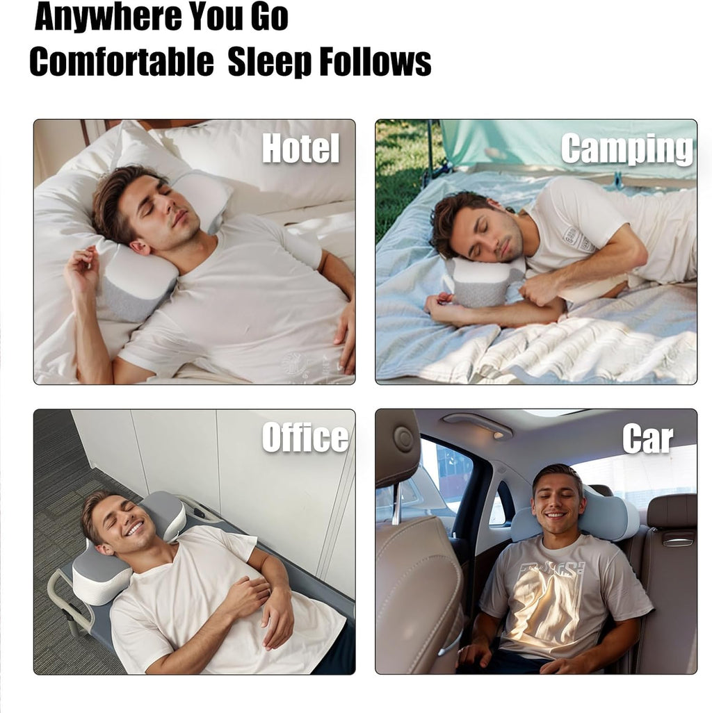 Bespilow Camping Travel Pillow for Sleeping - Memory Foam Cervical Neck Support Pillow for Neck Pain Relief, Inflatable Alternative, Compressible Cooling Orthopedic Pillow for Backpacking, Airplane