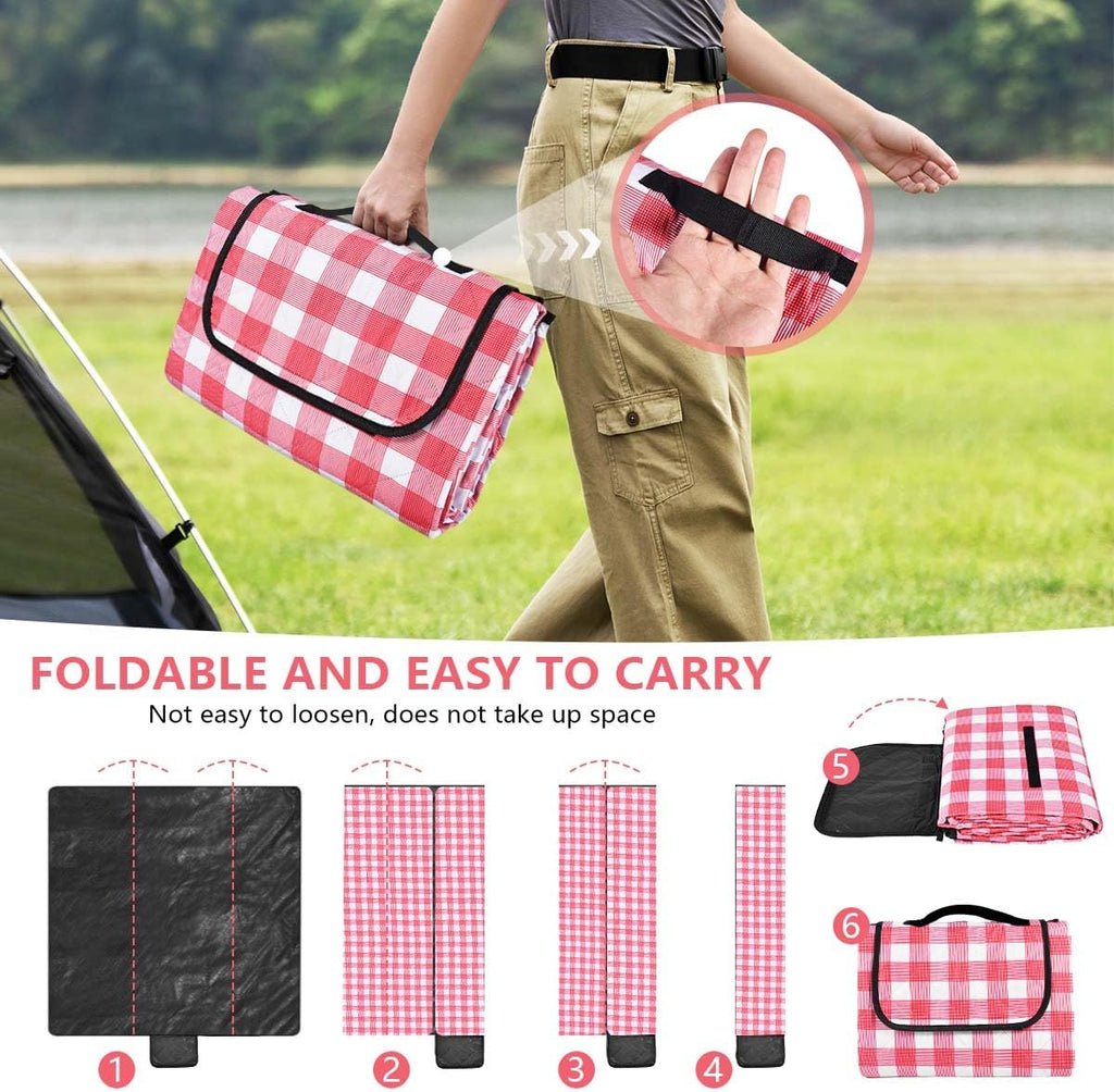 OBTANIM Extra Large Picnic Blanket 80 x 80 Inch Waterproof Foldable Beach Blankets Outdoor Picnic Mat for Camping Grass Lawn Park Music Festival Party Accessories (Red and White)