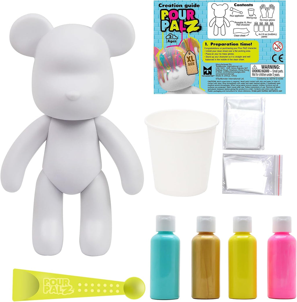 Pour Palz DIY Paint Pouring Kit – 1 XL Bear Figurine, 4 Acrylic Pour Paints, Mixing Cups & Tools, Create Unique Marbled Art, Fun Hands-On Craft Kit for Kids & Adults, Gold Gumdrop, Ages 5+