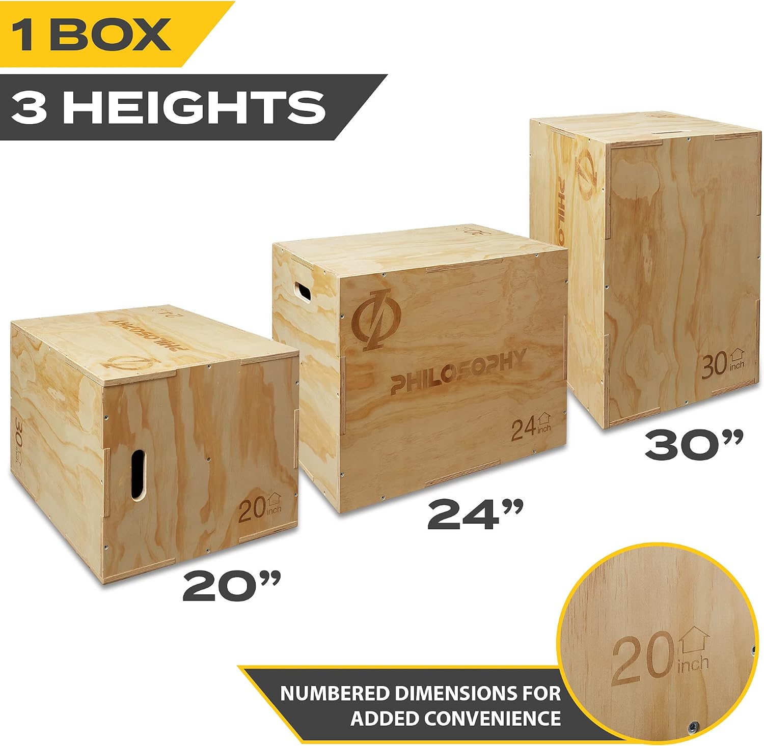 Philosophy Gym 3-in-1 Wooden Plyo Box, Wood Plyometric Jump Box Platform for Home Gym, HIIT, Jumps, Step-Ups, and Strength Training