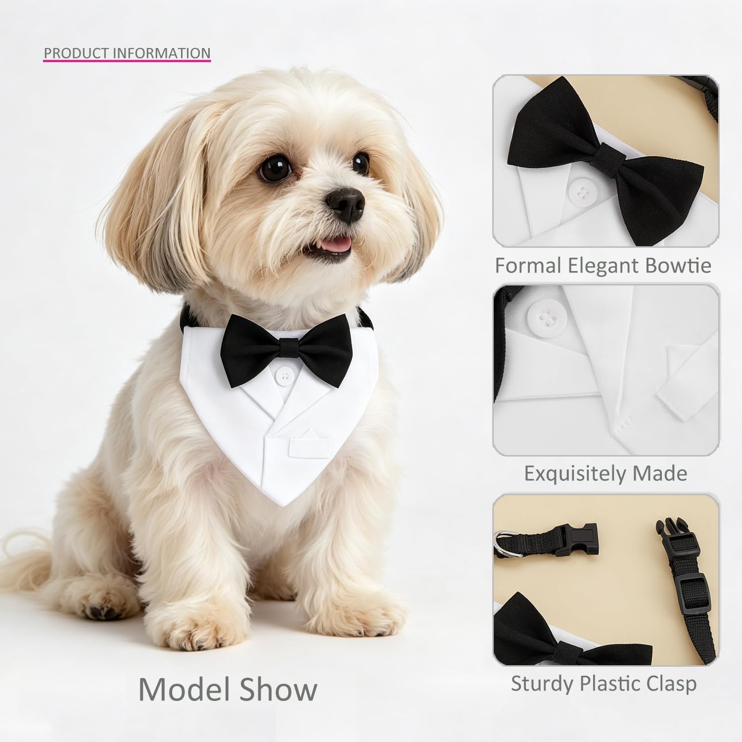 Dog Tuxedo Suit Wedding Collar, White Bandana with Black Bowtie, Adjustable Formal Dog Tux, Engagement Birthday Party Costume (L)