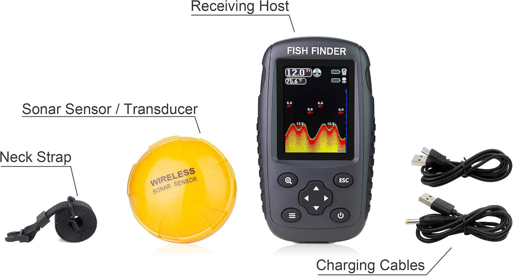 Portable Rechargeable Fish Finder Wireless Sonar Sensor Fishfinder Depth Locator with Fish Size, Bottom Contour, Color LCD Display