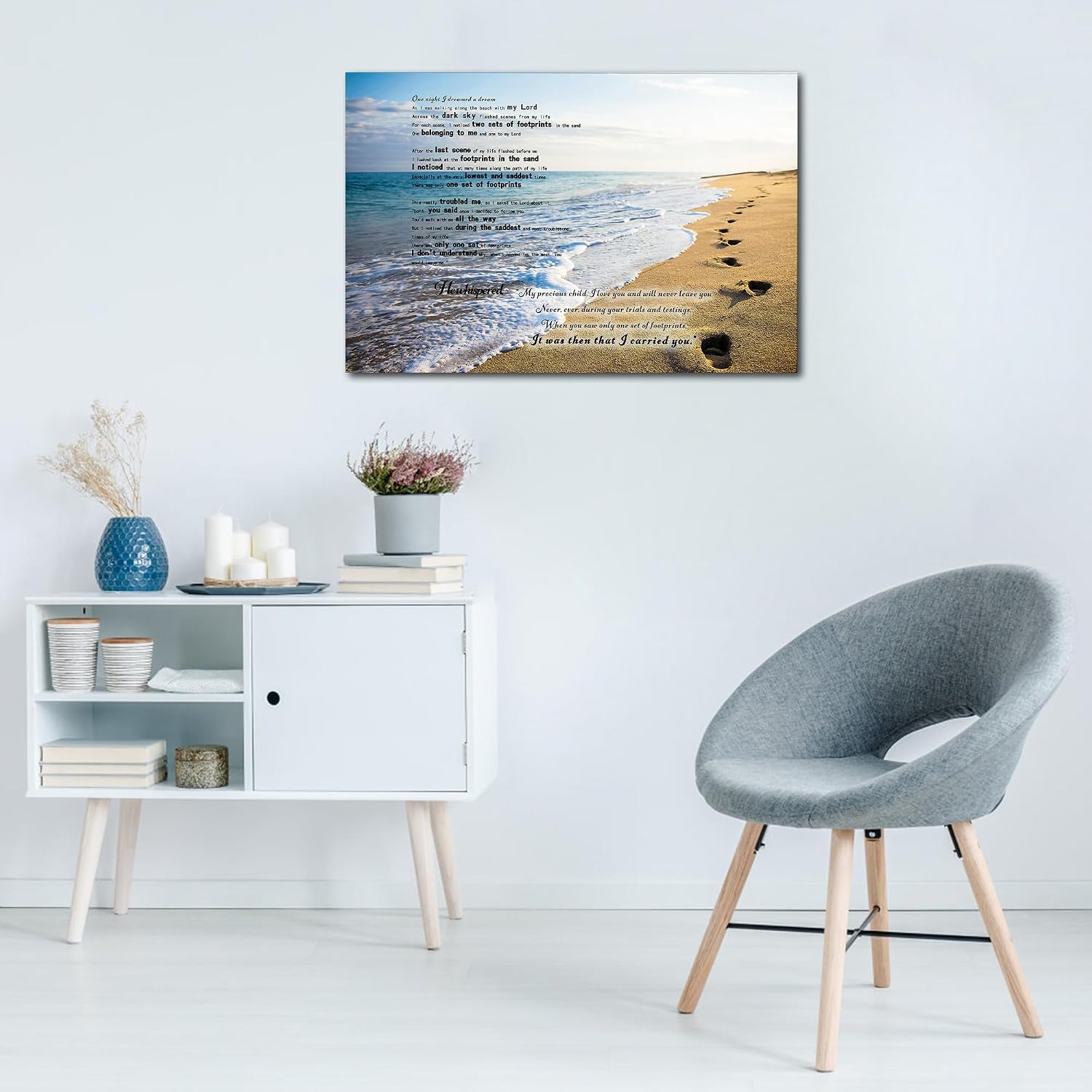 Footprints in the Sand Canvas Prints Wall Art, Footprints in the Sand Wall Art Decor, Inspirational Christian Poem Wall Poster Gift, Beach Picture Wall Art for Living Room Beach Office 18"Hx24"WInches