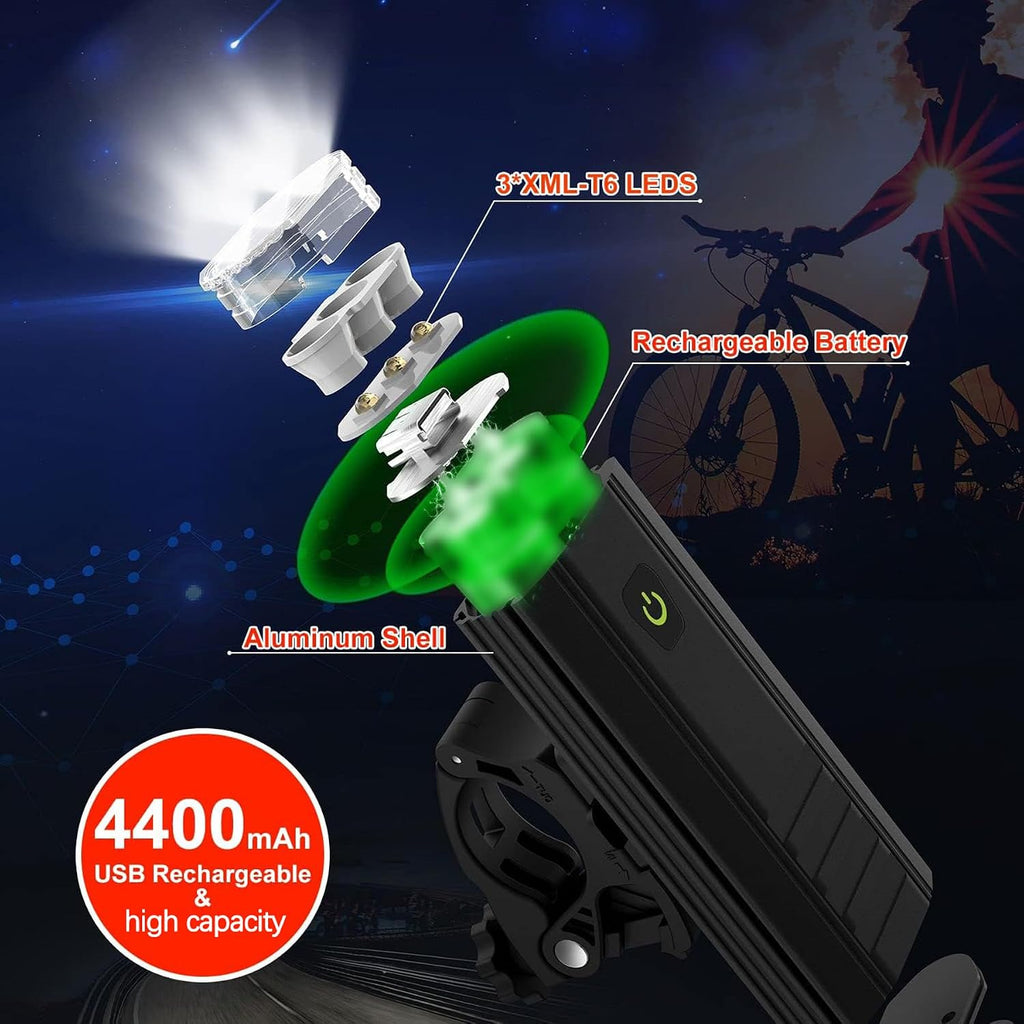 Victagen 5000 Lumens 3LED Bike Lights for Night Riding, Super Bright Front and Back Bike Headlight, USB Rechargeable, 6 Modes