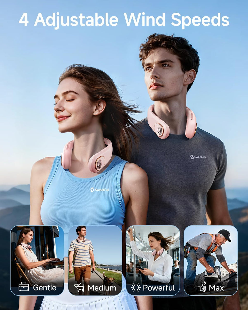 SWEETFULL Portable Neck Fan: 5200mAh Bladeless Personal Fan | 4 Speeds, 20H Max Runtime, No Hair Twist Quiet Wearable Fan for Travel | Birthday Gifts for Men Women Mom Dad