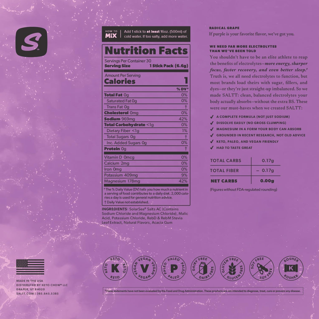 SALTT Electrolyte Packets - Radical Grape (30 Sticks) - Zero Sugar