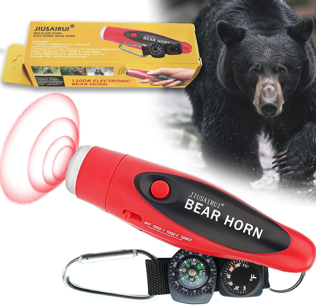 JIUSAIRUI 120dB Electronic Air Horn with Compass & Thermometer- Bear Horn to Scare Bears - Self Defense for Hiking