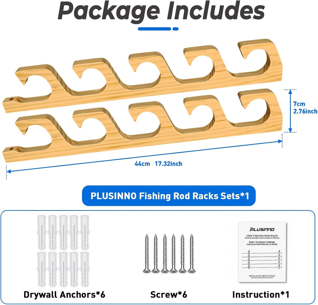 PLUSINNO H5W Solid Wood Fishing Rod Holder, Horizontal Wall & Ceiling Mount Fishing Pole Holders for Garage Storage, Holds 5Rods, Combos and Fishing Nets（Natural Wood,1pack）