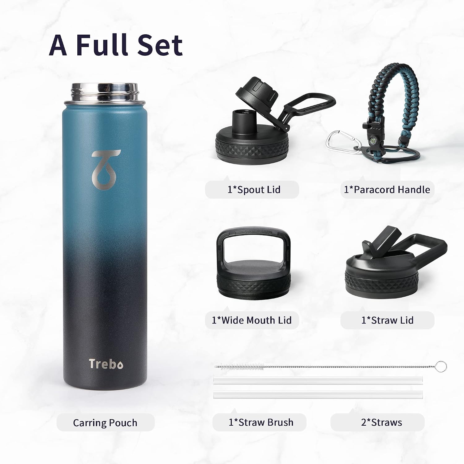 Trebo Insulated Water Bottle 24 oz with 3 Lids, Paracord Handle