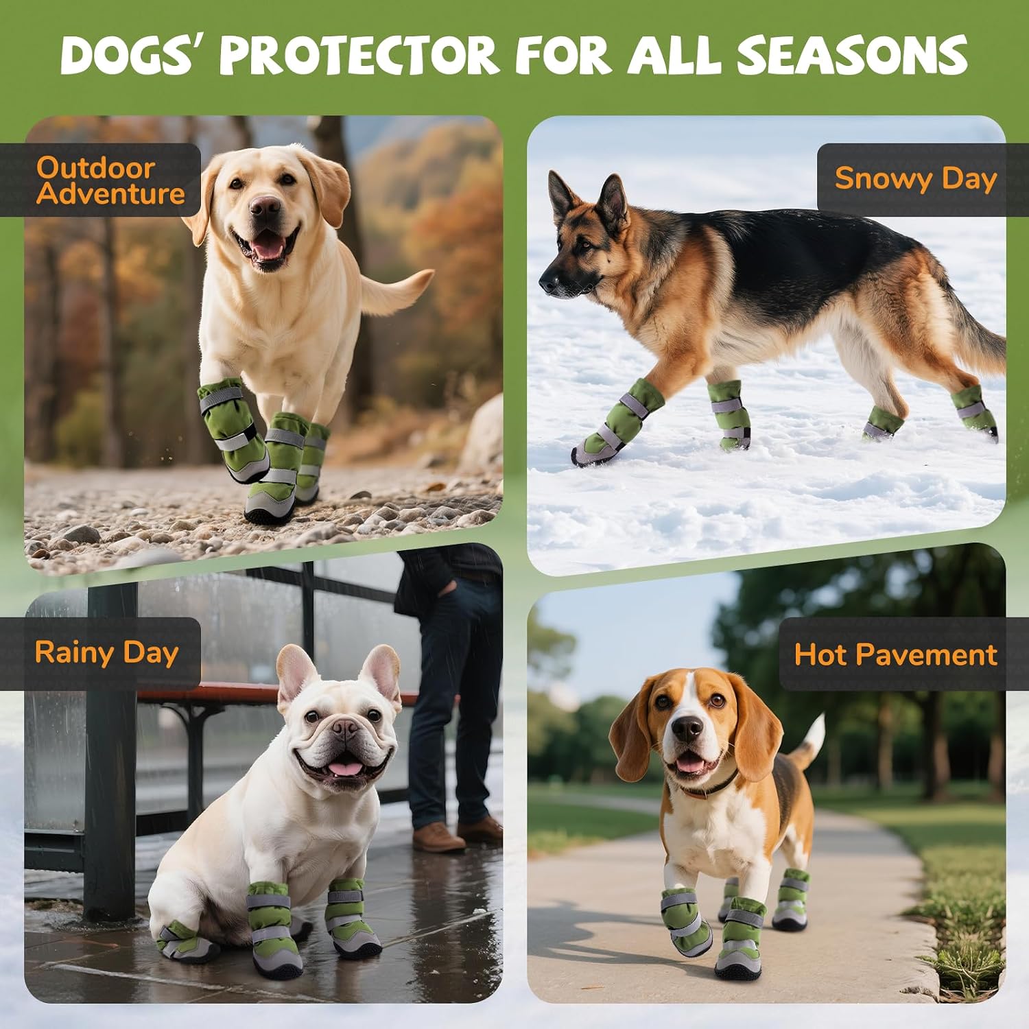 Winter Dog Snow Boots with Fleece Lining, Dog Shoes for Medium Large Size Dogs, Waterproof Dog Booties and Paw Protectors, Anti-Slip & Reflective Dog Shoes for Snow Outdoor, Hiking (Green-Size 4)