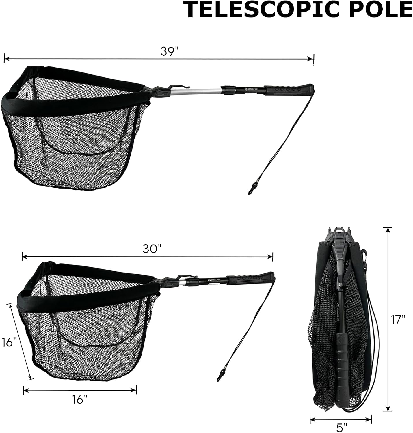 Black Paw Floating Fishing Net Foldable Telescopic Fish Landing Net with Built in Length Scale Rubber Coated for Kayak, Fly, Trout