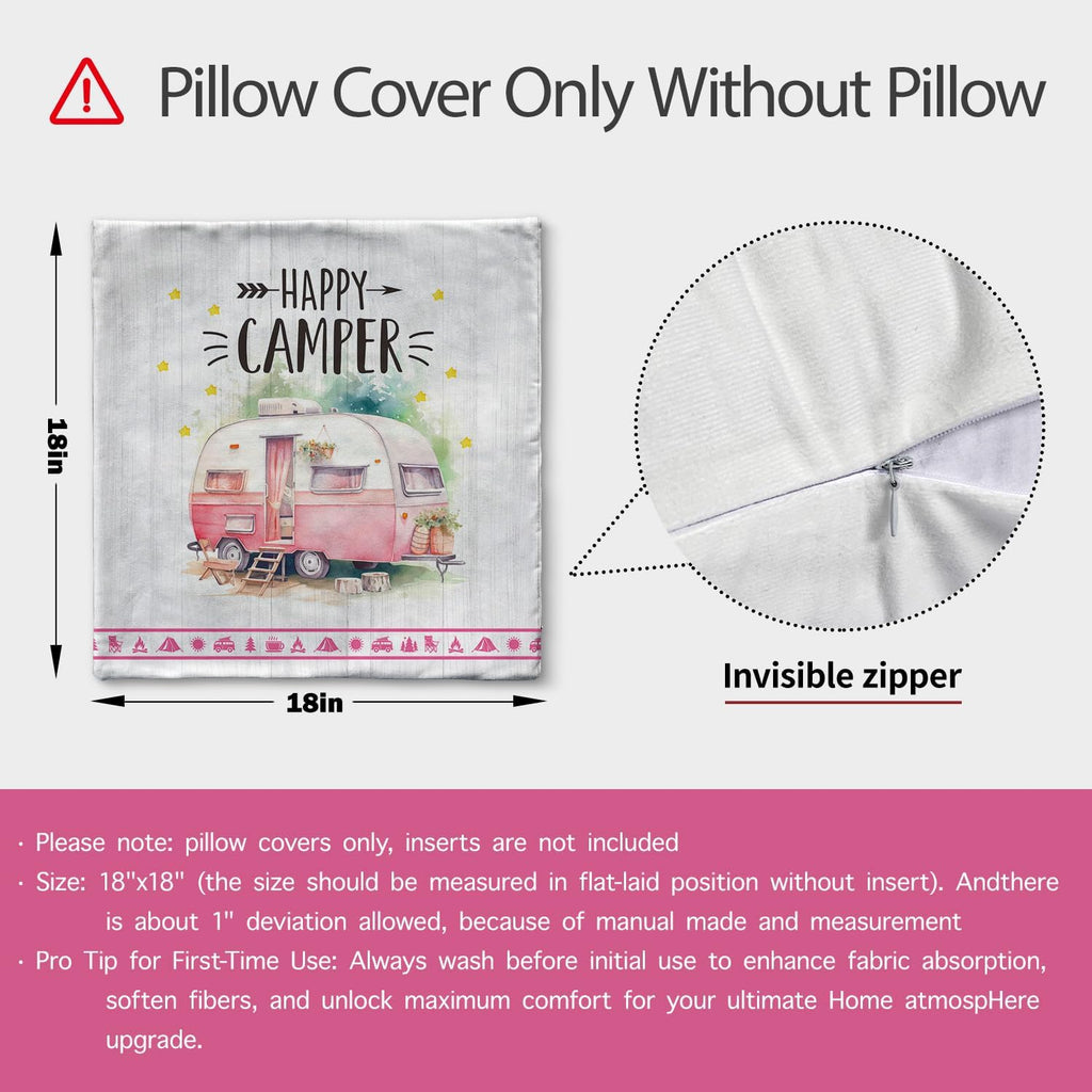 Happy Camper Camping Life Throw Pillow Cover for Camp Lady, 18 x 18 Inch Pink Travel Trailer Campfire Tent Pinetree Holiday Cushion Case Decoration for Sofa Couch Set of 4