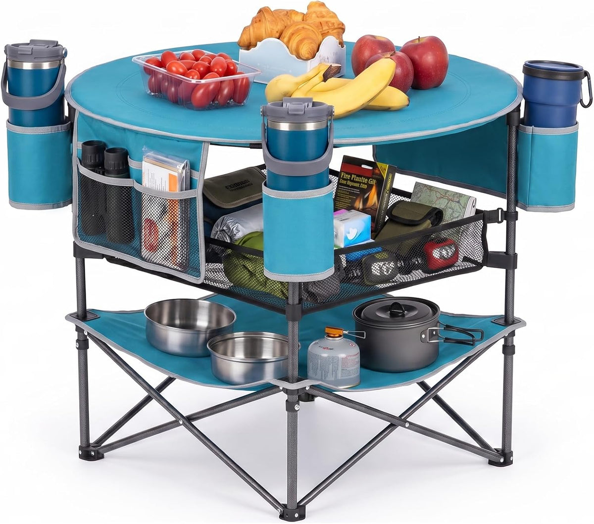 FUNDANGO Folding Beach Table, 3-Tier Removable Mesh Shelf, 4 Cup Holders
