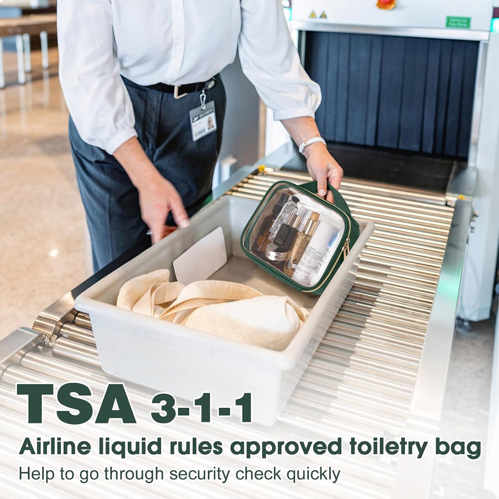 Wedama TSA Approved Toiletry Bag, 3 Pack Clear Makeup Bags with Handles, Quart Size Clear Toiletry Bags, PVC Cosmetic Bags for Women and Men, Carry on Airport Airlin (Dark Green, 3 Pack, Medium)