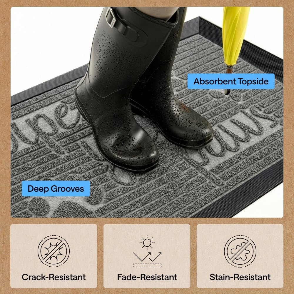 GORILLA GRIP WeatherMAX Door Mat, Indoor Outdoor Use, 29x17, Gray Paw