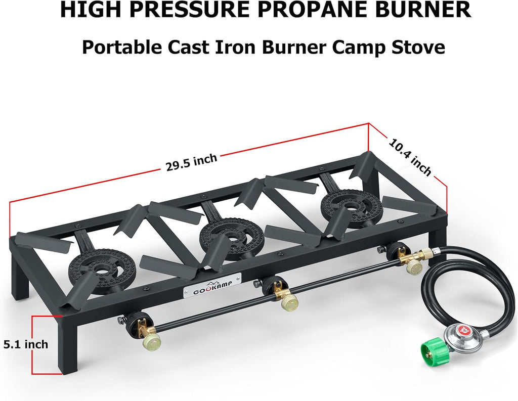 COOKAMP Propane Triple Burner Angle Iron Camp Stove with CSA Listed Regulator and 4ft Hose (SA3200)