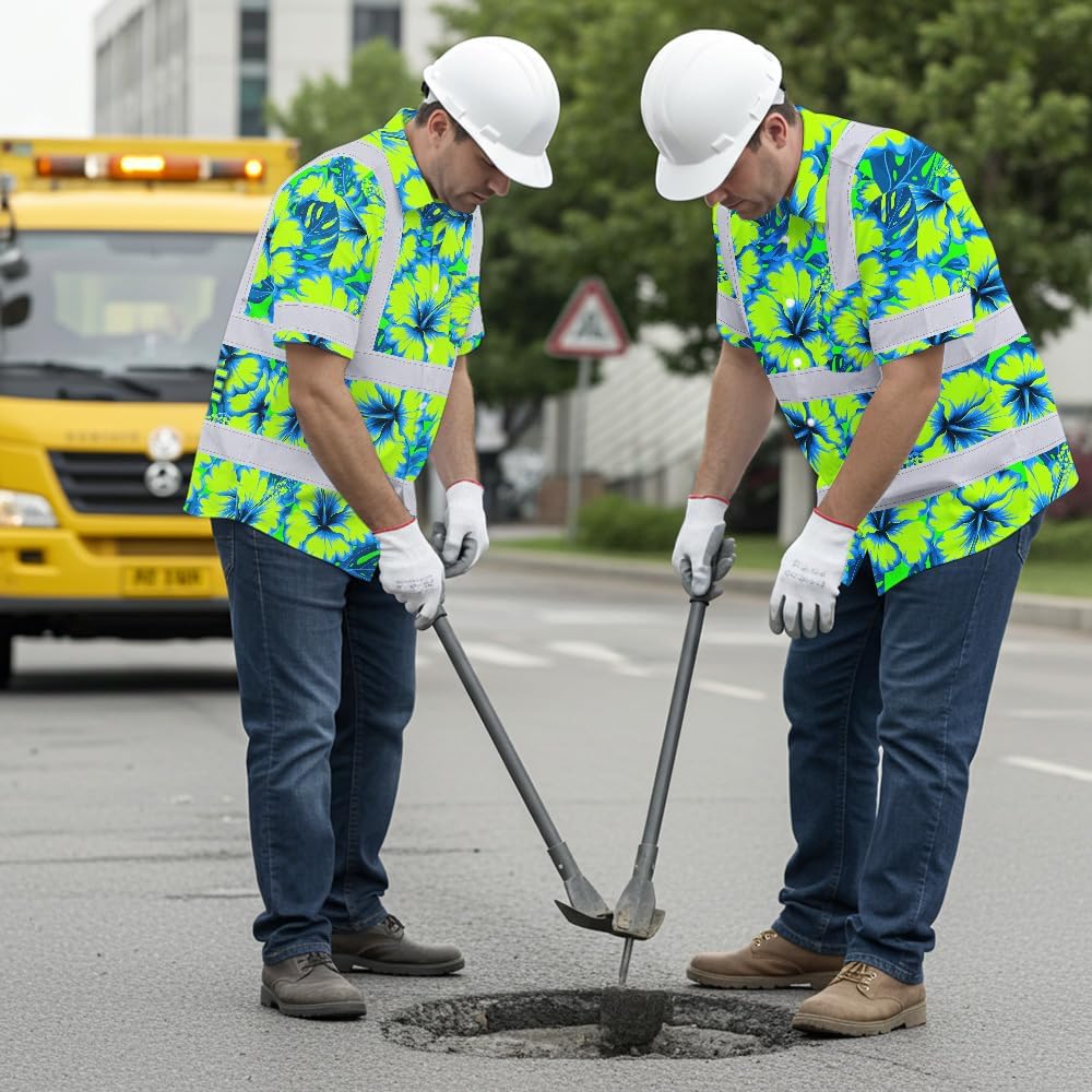 High Visibility Hawaiian Shirt for Men Tropical Shirts Custom Name Floral Outfit Reflective Safety Workwear