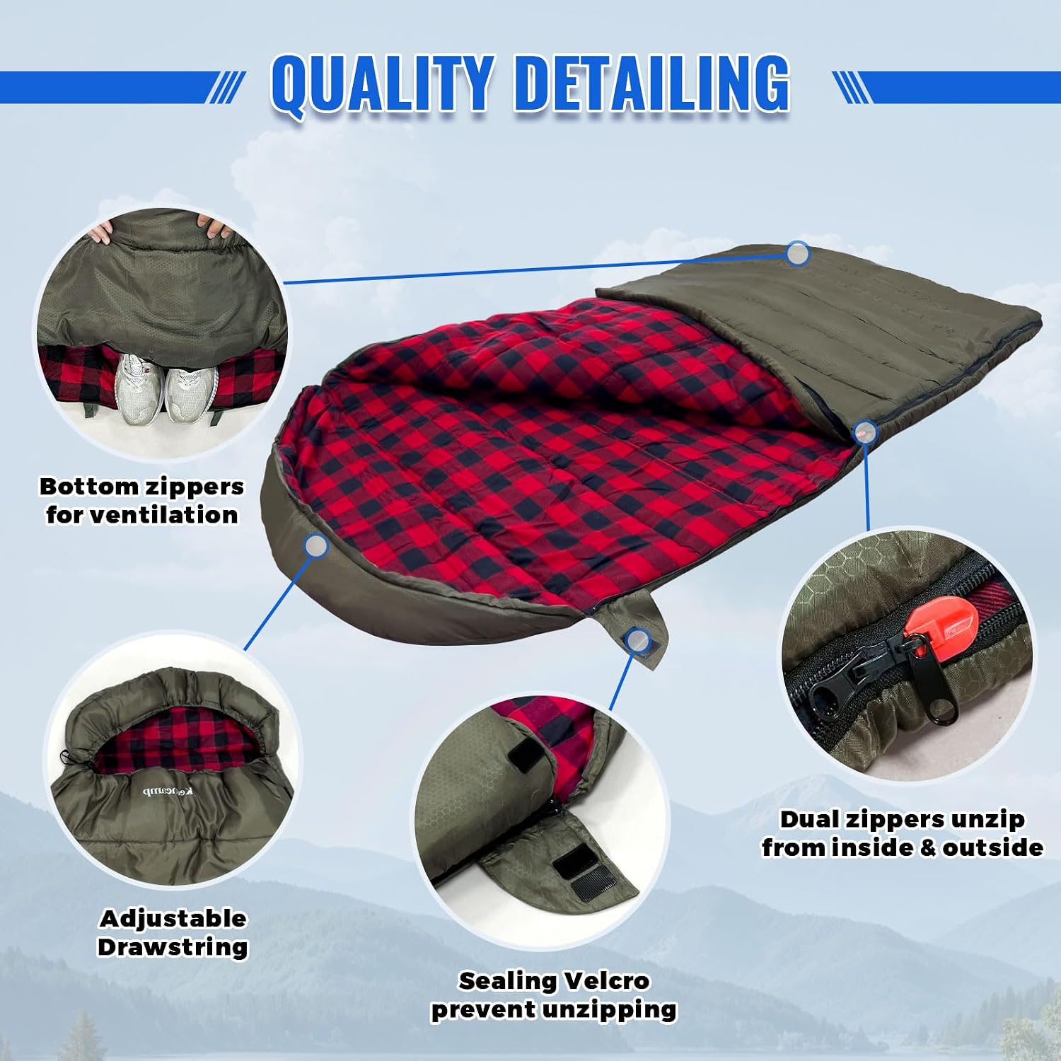 Keencamp 0 Degree Sleeping Bag Cotton Flannel Winter Cold Weather for Adults XXL Sleeping Bag 4 Season Big and Tall with Pillow Compression Sack