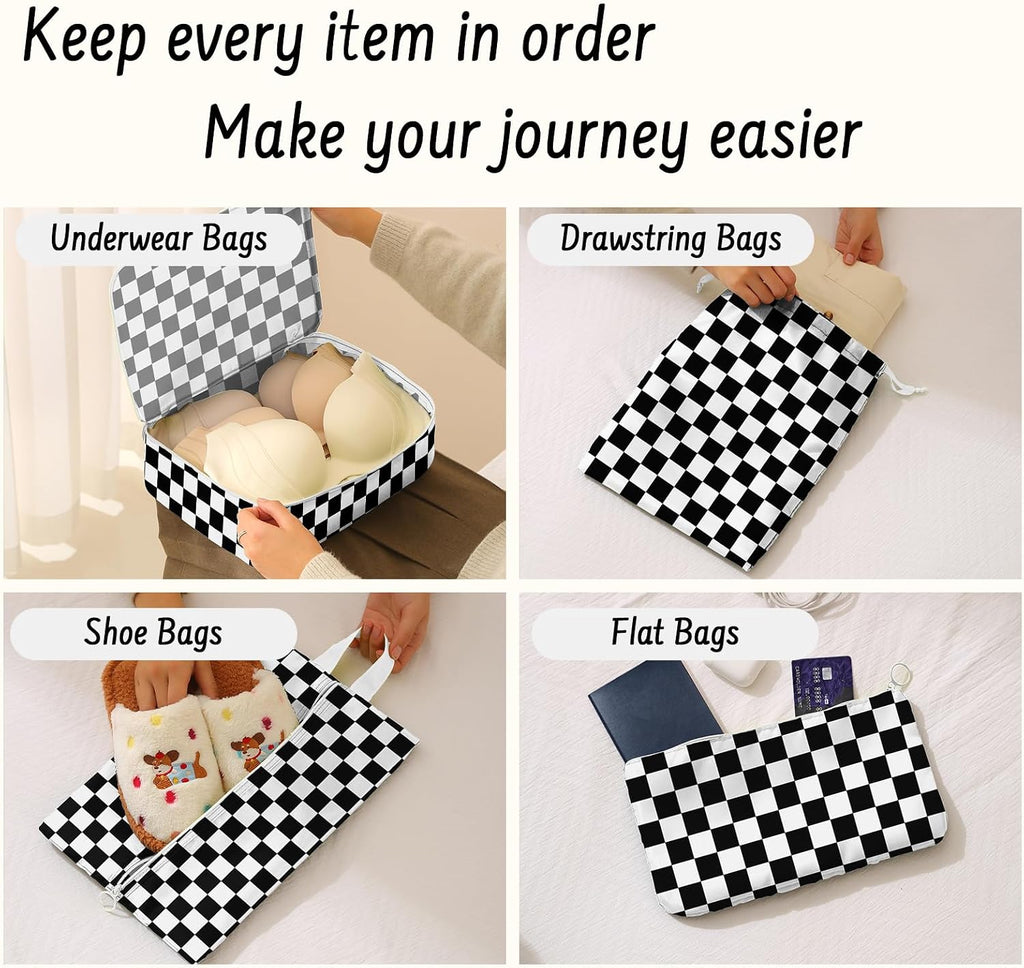 9 Set Packing Cubes for Travel Essentials - Lightweight Carry-On Luggage Organizer Bags with Shoe, Clothes & Laundry Bags for Airplane, Family & Business Travel, Black checkered