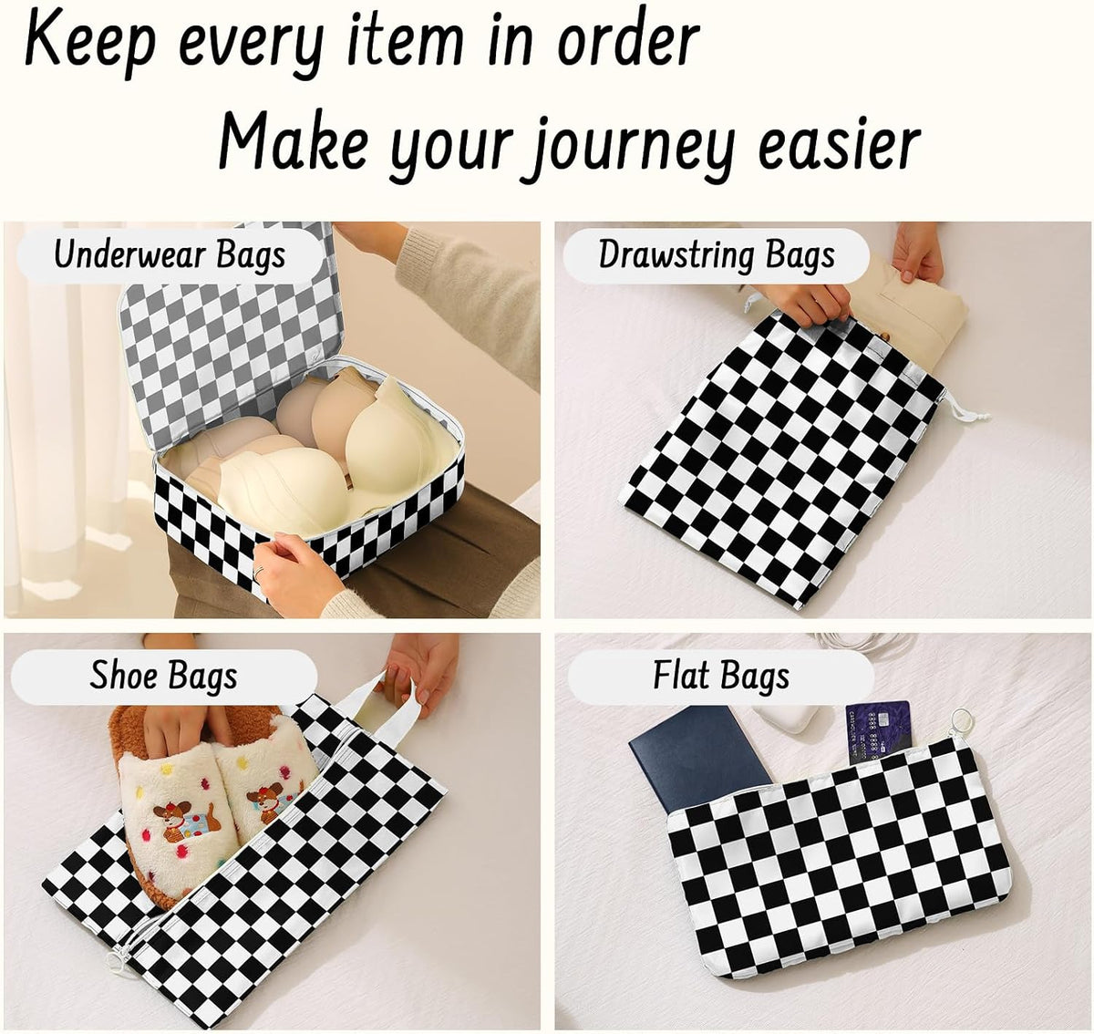 9 Set Packing Cubes for Travel Essentials - Lightweight Carry-On Luggage Organizer Bags with Shoe, Clothes & Laundry Bags for Airplane, Family & Business Travel, Black checkered