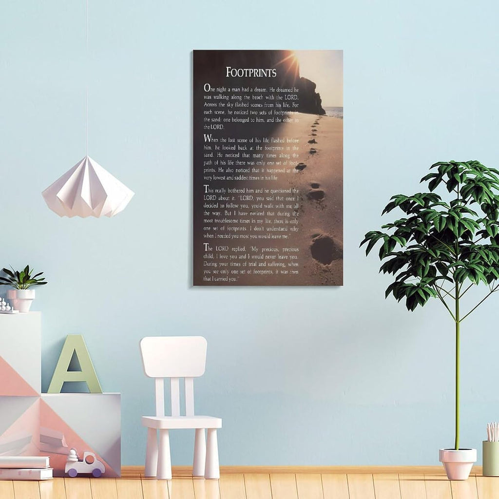 Footprints in the Sand Religious Canvas Wall Art Posters, Inspirational Beach Sunset Poem Print Poster (Framed 20x30inch, Footprints(7))