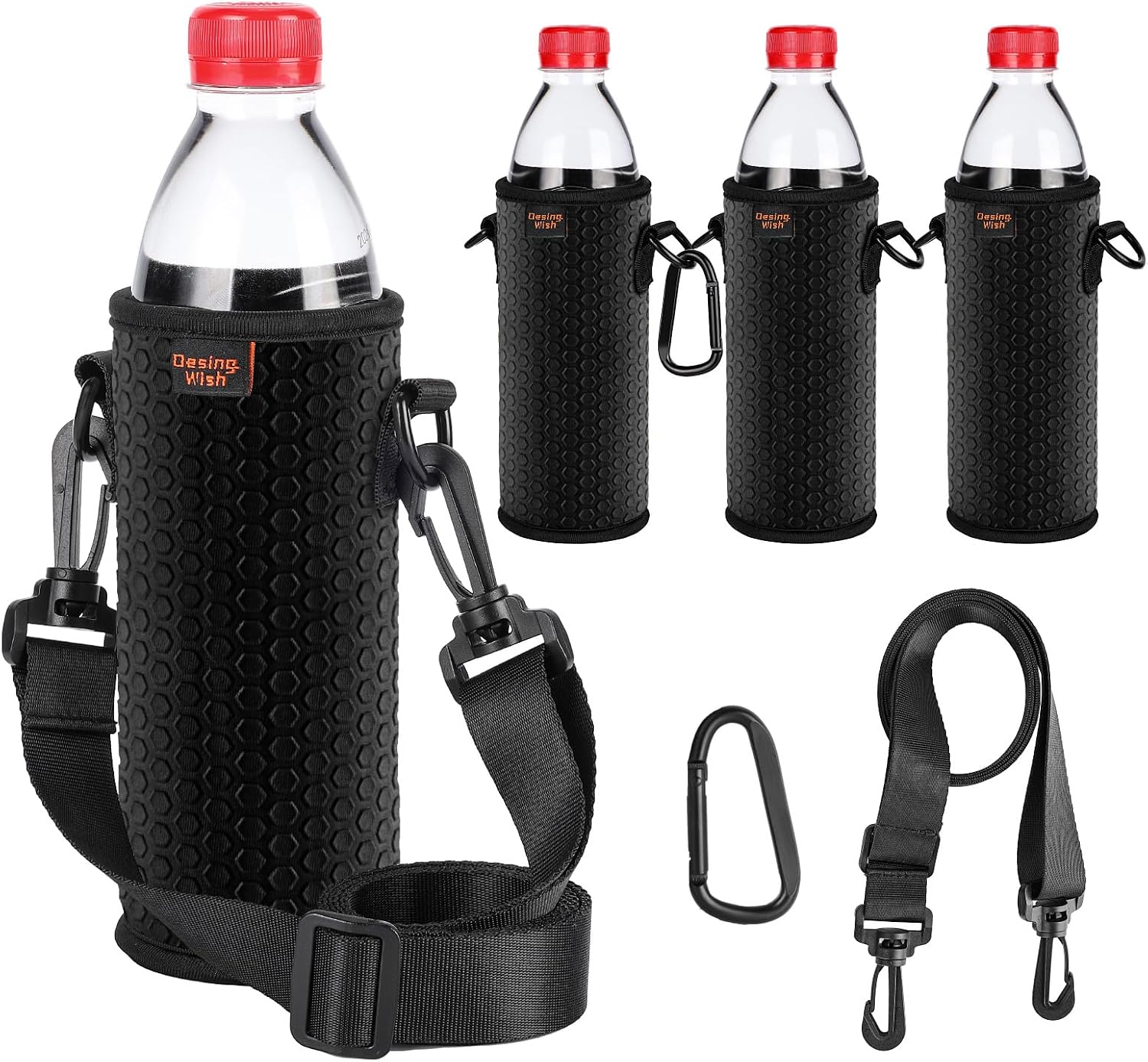 Portable 16.9 oz Plastic Bottles Insulators Sleeves 16 17 18 oz Beverage Bottle/Can Sleeves Holder with Shoulder Strap Plastic Bottle Sleeves Coolers 4 PCS Black