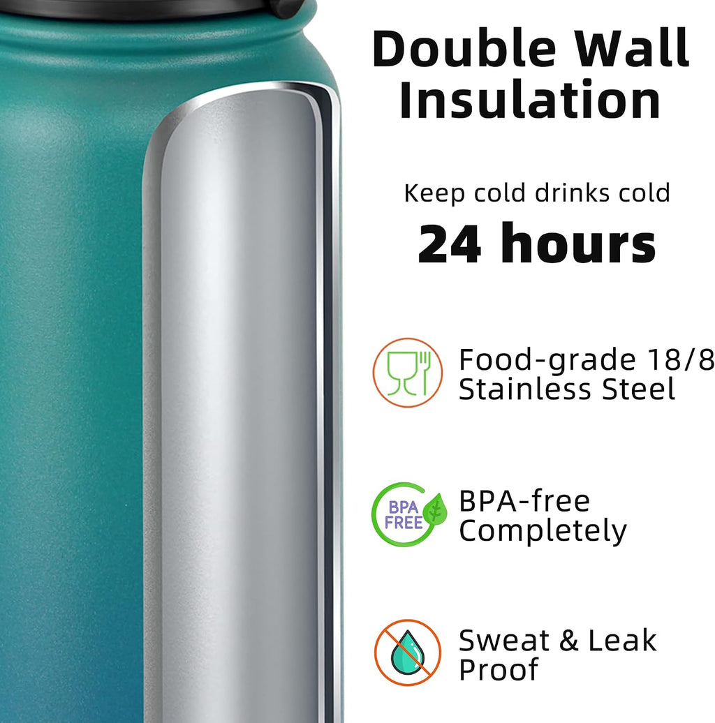 Fanhaw 20oz Kids Stainless Steel Water Bottle with Straw Lid, Green Blue