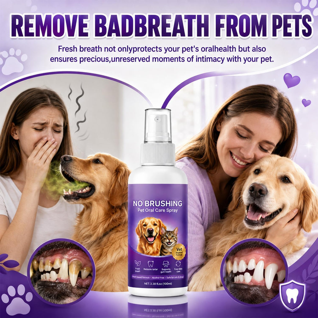 Wanban No Brushing Pet Oral Care Spray, Breath Freshener & Teeth Cleaning Spray for Dogs & Cats, Gentle Daily Oral Care for Pets