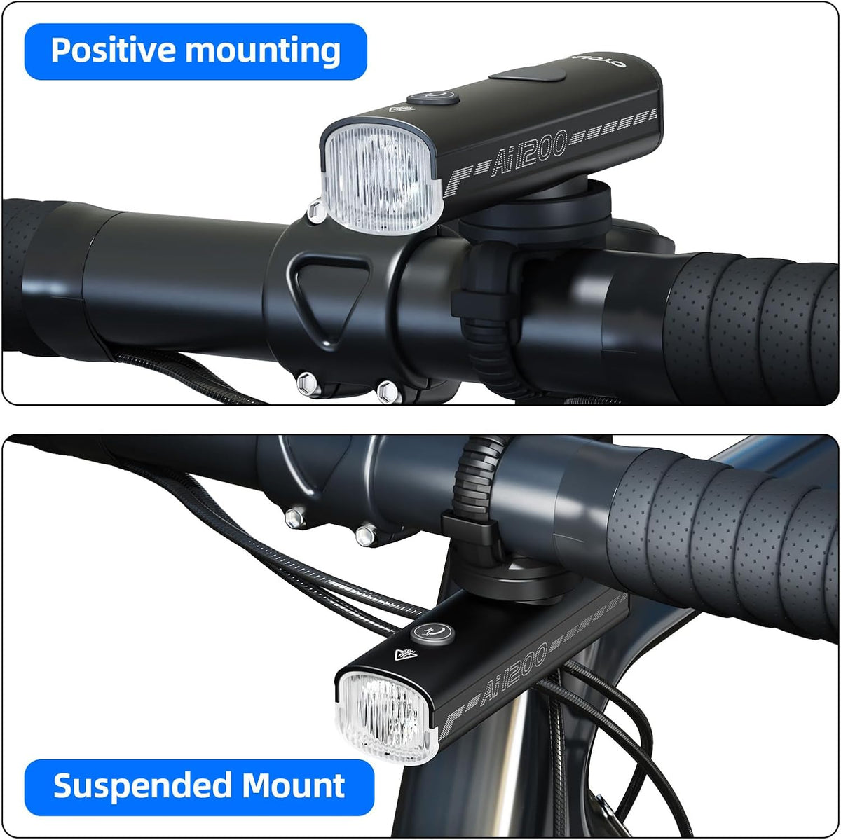 Bike Lights for Night Riding 1200 Lumen Compatible with Garmin/GoPro Mount Bright Bike Headlight 2500mAh Rechargeable Waterproof Aluminum Alloy Anti-Dazzling Bike Front Light for Commuter Cyclists