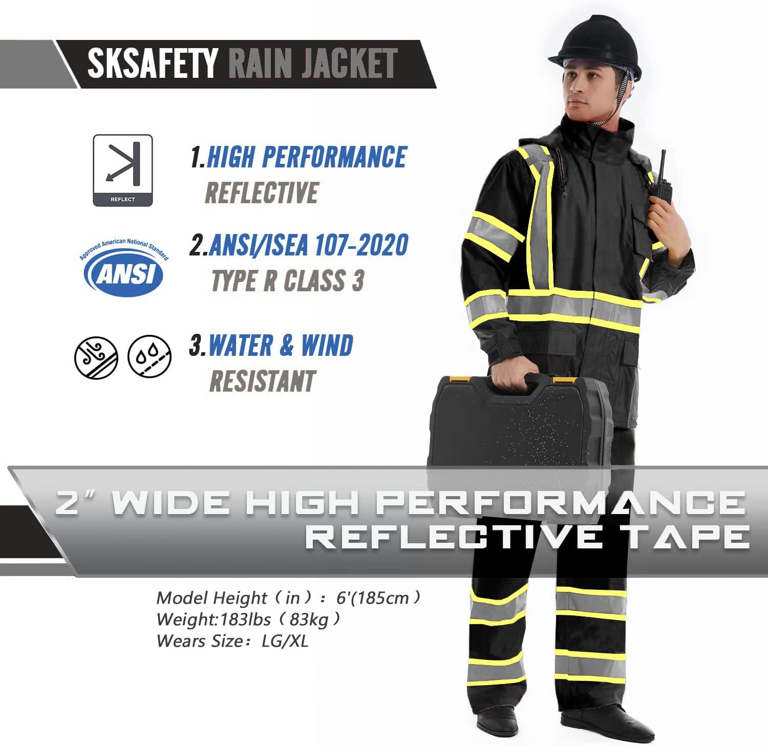 SKSAFETY Hi Vis Safety Rain Jacket for Men, Construction Work Rain Gear Heavy Duty Class 3 Rain Coat Waterproof Lightweight