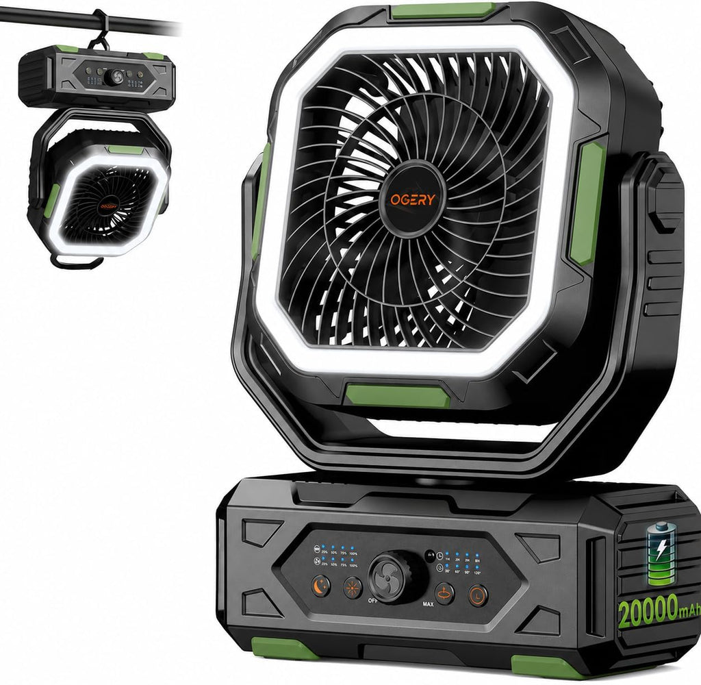 OGERY Camping Fan, Portable Fan Rechargeable with 20000mAh Battery, Stepless Speed Control, Fast Charging, Remote & LED Lantern for Tent, Travel, Car Camping, Camping Essentials